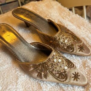 Gold Embellished Women's Kitten Heel Mules